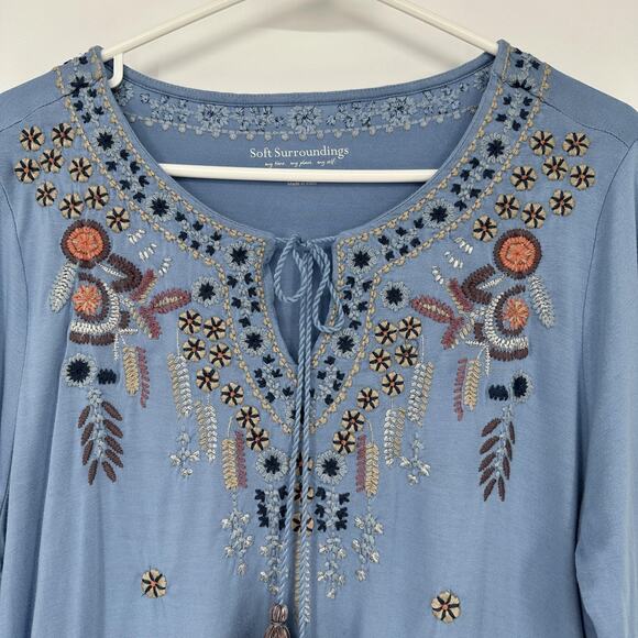 Soft Surroundings Shirt Womens M Blue Embroidered Tassel Tie Boho Tunic Top - Picture 2 of 11